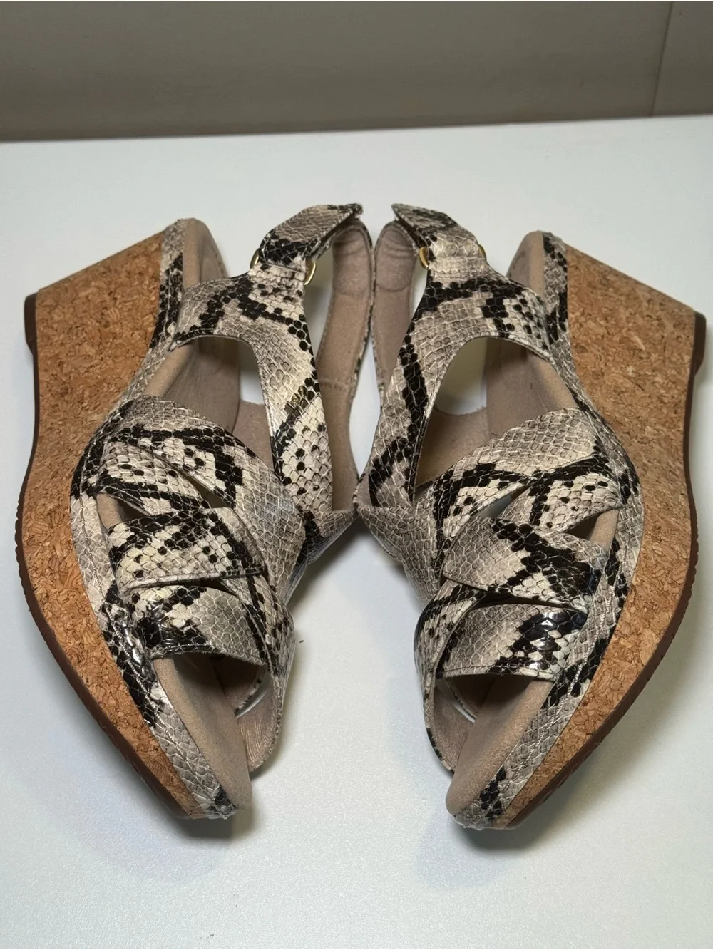 Clarks Women's Snake-Print Crisscross Wedge Sandals in Beige and Black
